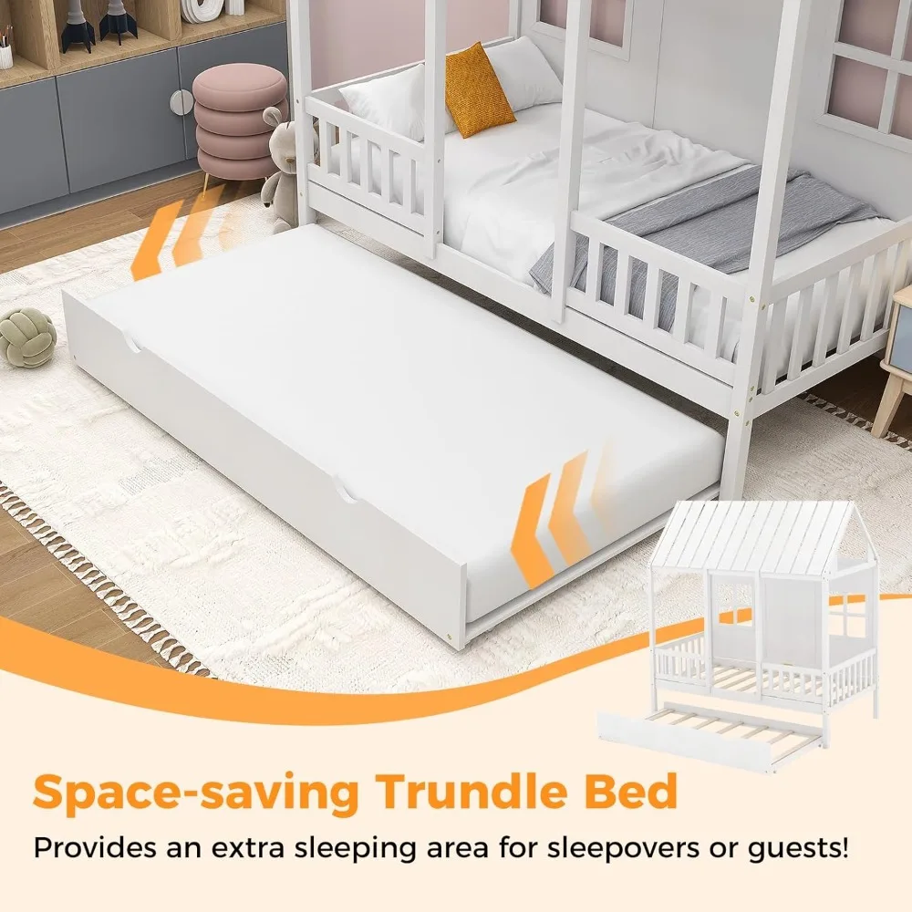 Twin Size House Beds with Trundle, Wood Kid’s House Bed Frame with Roof, Windows, Rails, Playhouse Bed Frame with Bed Slats