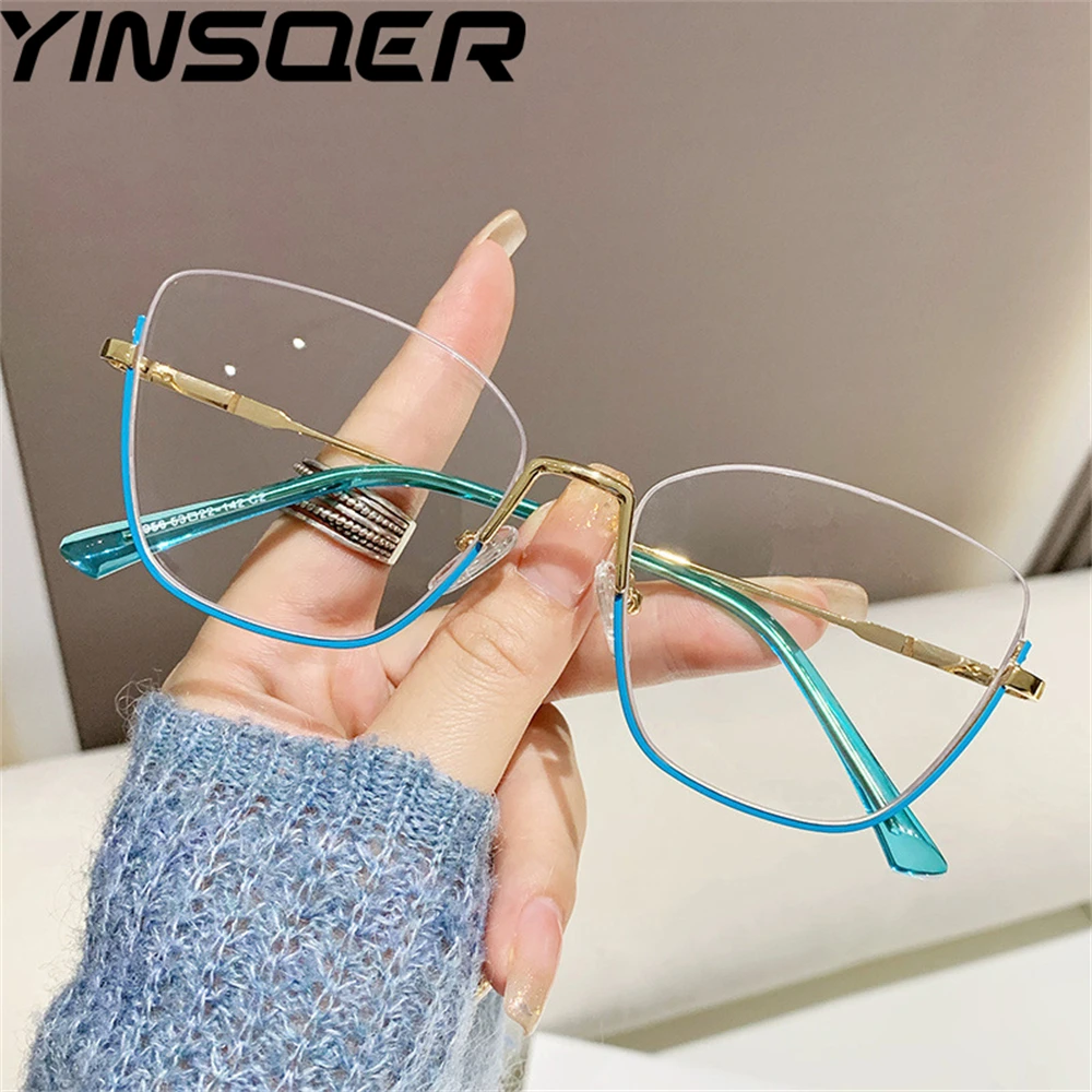 

Очки YINSQER для коррекции близорукости, женские, ультралегкие, металлические, с полуоправой, модные, в форме кошачьего глаза, с защитой от синего света, для компьютера