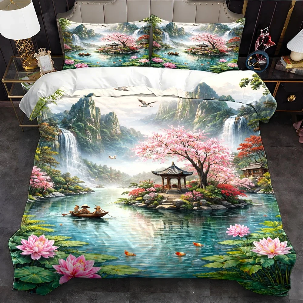 3Pc New Chinese-Style Landscape Garden Duvet Cover Set, Three-Piece Bed Set (1*Duvet Cover + 2*Pillowcases), Suitable for All Seasons, Machine Washable, with Invisible Zipper, Large Double Bed Cover Set, Suitable for Home, Dormitory, Master Bedroom, Guest Room, Featuring Lotus, Koi Fish, Boat, Pavilion, Cherry Blossoms, and Landscape Elements, Creating an Oriental Zen Bedroom Aesthetics, Hot-Selling Soft and Skin-Friendly Bedding Set, 2D Flat Print