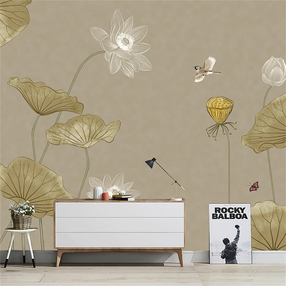 Custom Classical Chinese Lotus Wallpaper Retro Zen Study Lotus Background Wall Stickers Yoga Live Room Self Adhesive Wallpaper