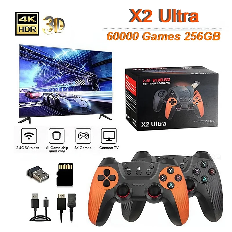 Nuevo X2 Ultra Video Game Stick 256GB con más de 60000 Juegos Retro, Consola de Juegos Portátil para TV, Reproductor de Juegos Familiar con Salida 4k HD