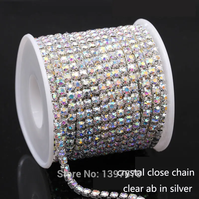 10Yrads/lot ss6-ss18  dense Crystal ab   in silver  base close rhinestone chain Cup chain for clothing ornament accessories