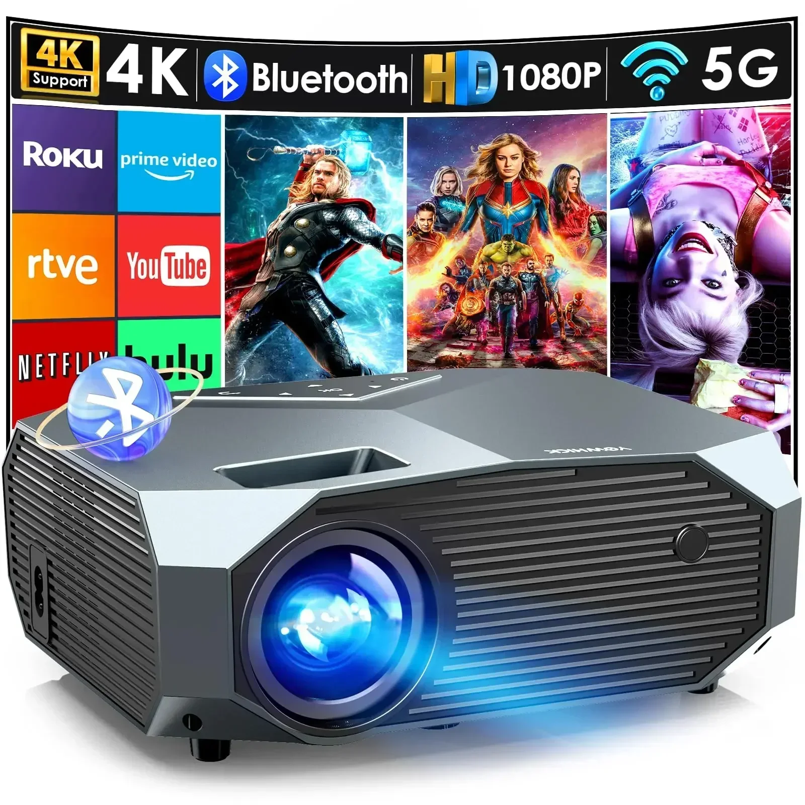 YOWHICK-Portable Video Projector, 5G WiFi and Bluetooth, Native 1080P, Outdoor, Support 4K, Home Theater, Movie Projector