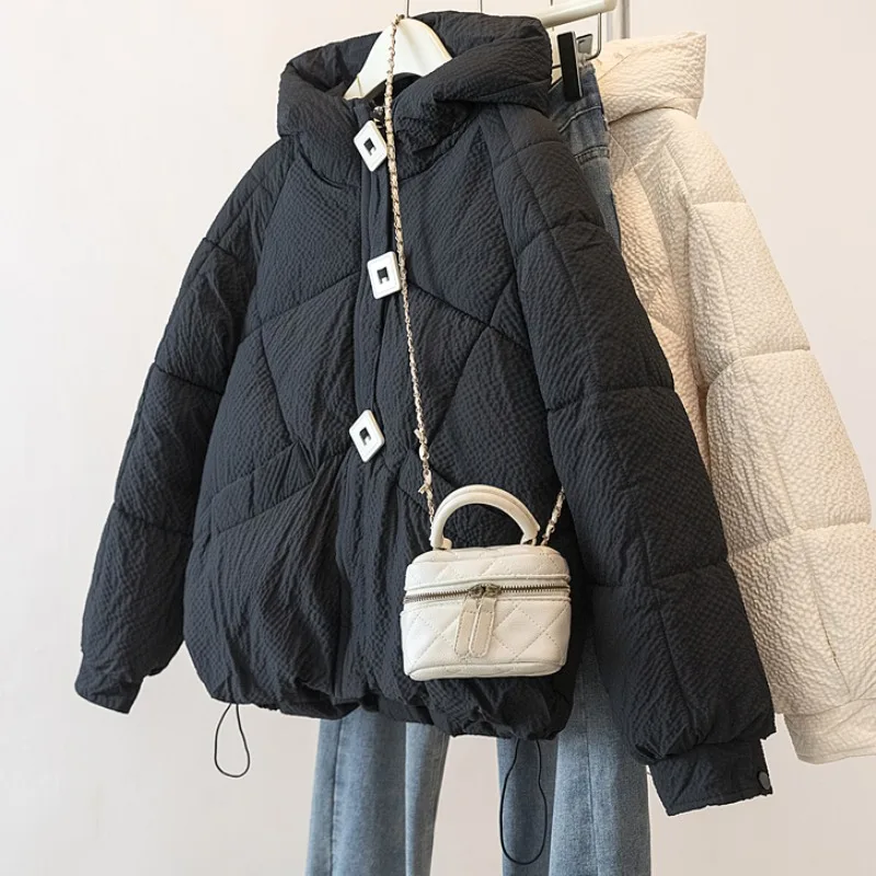

Casual Hooded Cotton Jacket Women Zipper Long Sleeve Pocket Puffy Warm Down Jackets 2025 Winter Lady Solid Outerwear