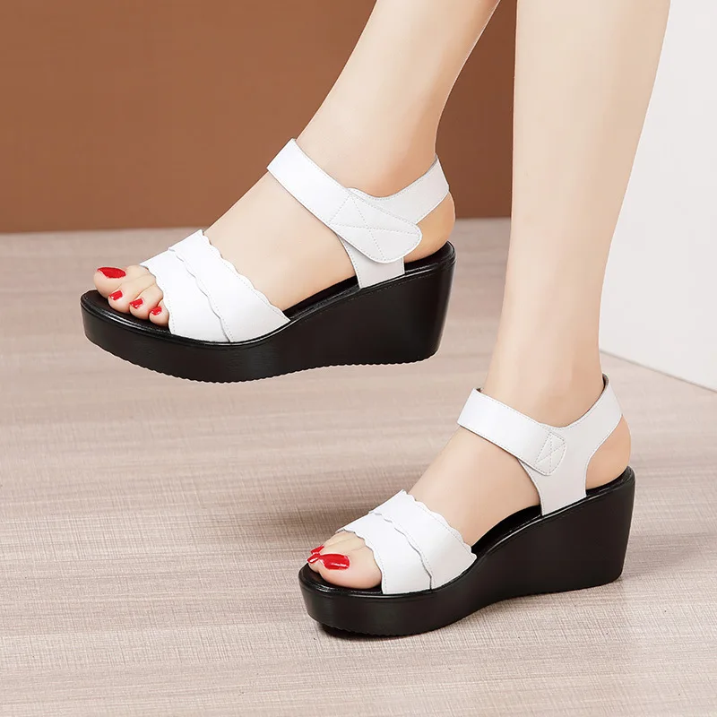 High quality summer wedge leather sandals for women 6cm high heel 2024 size 32 33 43 platform open toe elegant shoe black white