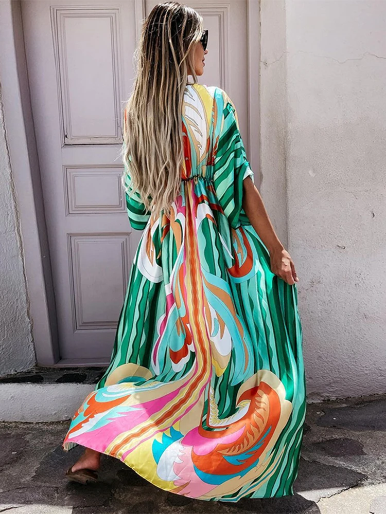 Summer Print Casual Women Dresses Oversized Holiday Beach Dress Boho Long Cover-Up Dress Female Long Sleeve Loose Tunic Dress