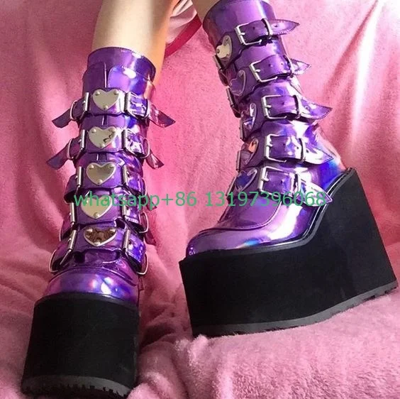 Lady goth purple color heart shape buckle design boots Gothic style rock platform height top calf boots causal boots size 35-46