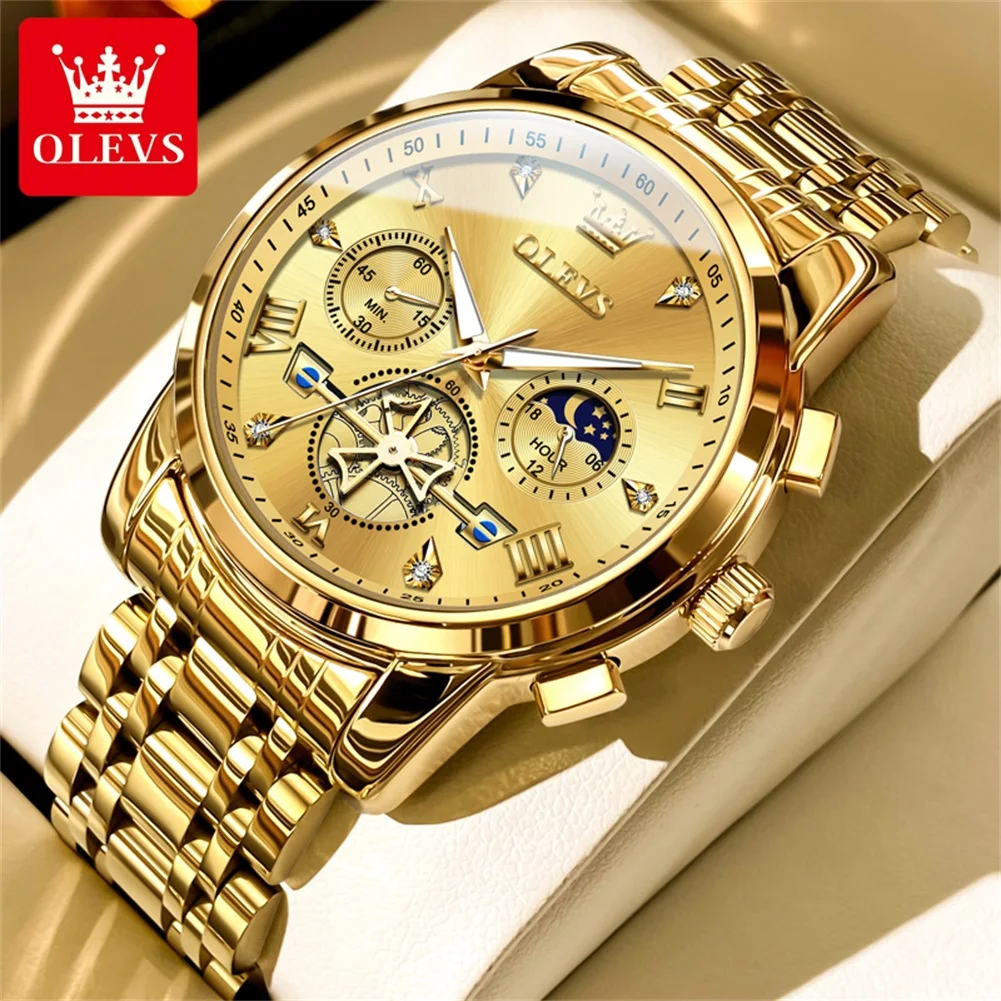 OLEVS 2856 Man 24 Hour Moon Phase Chronograph Side Display Waterproof Luminous Multifuncation Original Quartz Wristwatch for Men