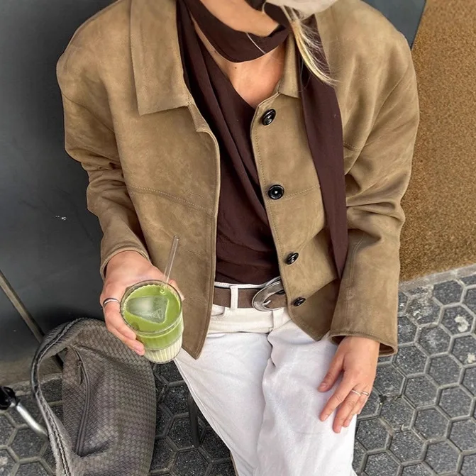 Suede Jacket For Women's Autumn Winter Street Vintage Casual Pockets Coat Solid Lapel Long Sleeve Fashion Short Jackets