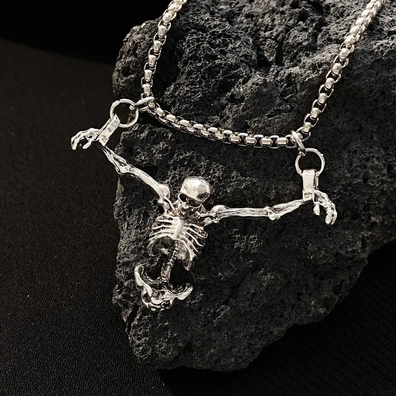 Dark Gothic skull pendant, punk hip-hop vintage skeleton collarbone chain, Halloween necklace 2024