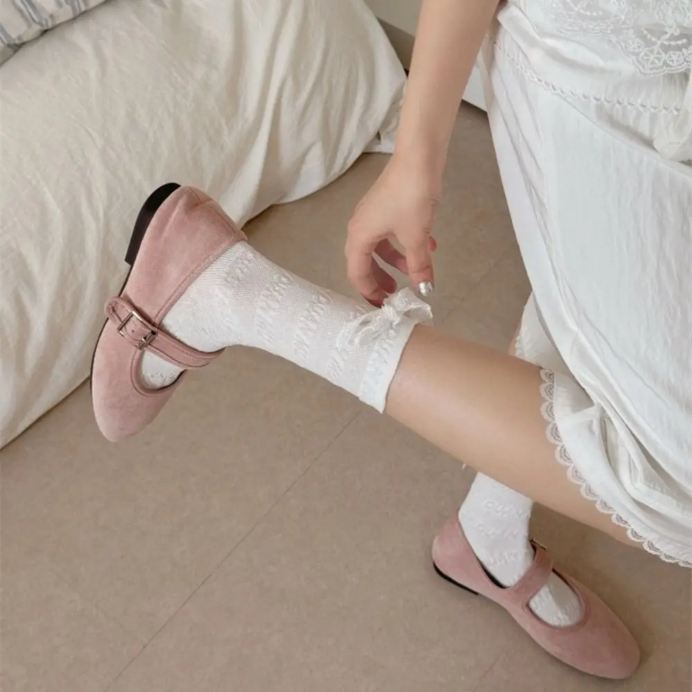 

3Pairs Solid Color Ruffle Lace Bow Socks Ins Style Thin Mid Tube Socks Lolita Female Hosiery Sweet Socks Women Streetwear