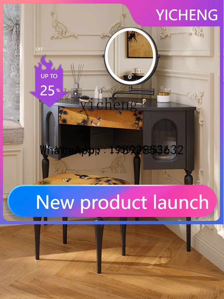 

corner dresser French retro small apartment bedroom fan black solid wood makeup table