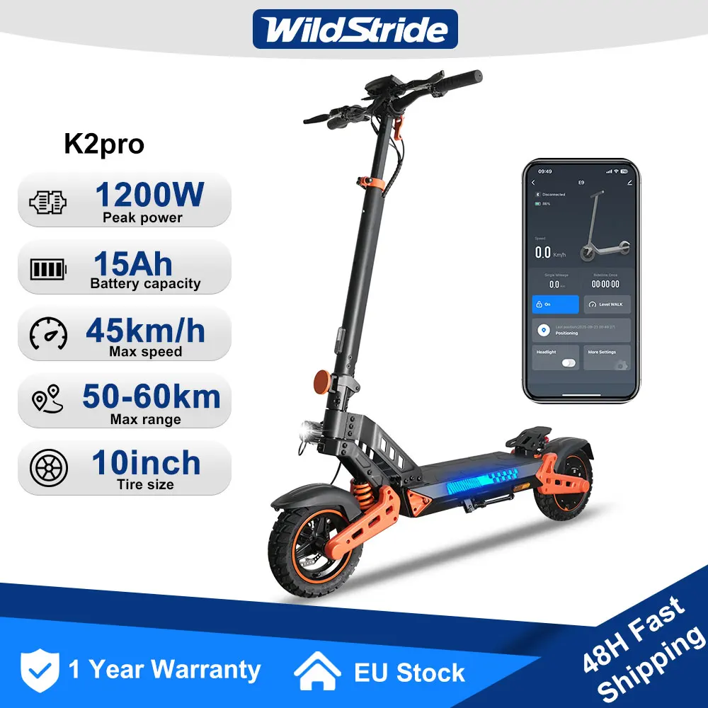 trottinettes électriques Trottinette électrique Wildstride 1200w Peak Power pour adultes, 48v15ah, autonomie 60km, vitesse 45km/h, pneus tout-terrain 10 pouces, étanche, Escooter K2pro