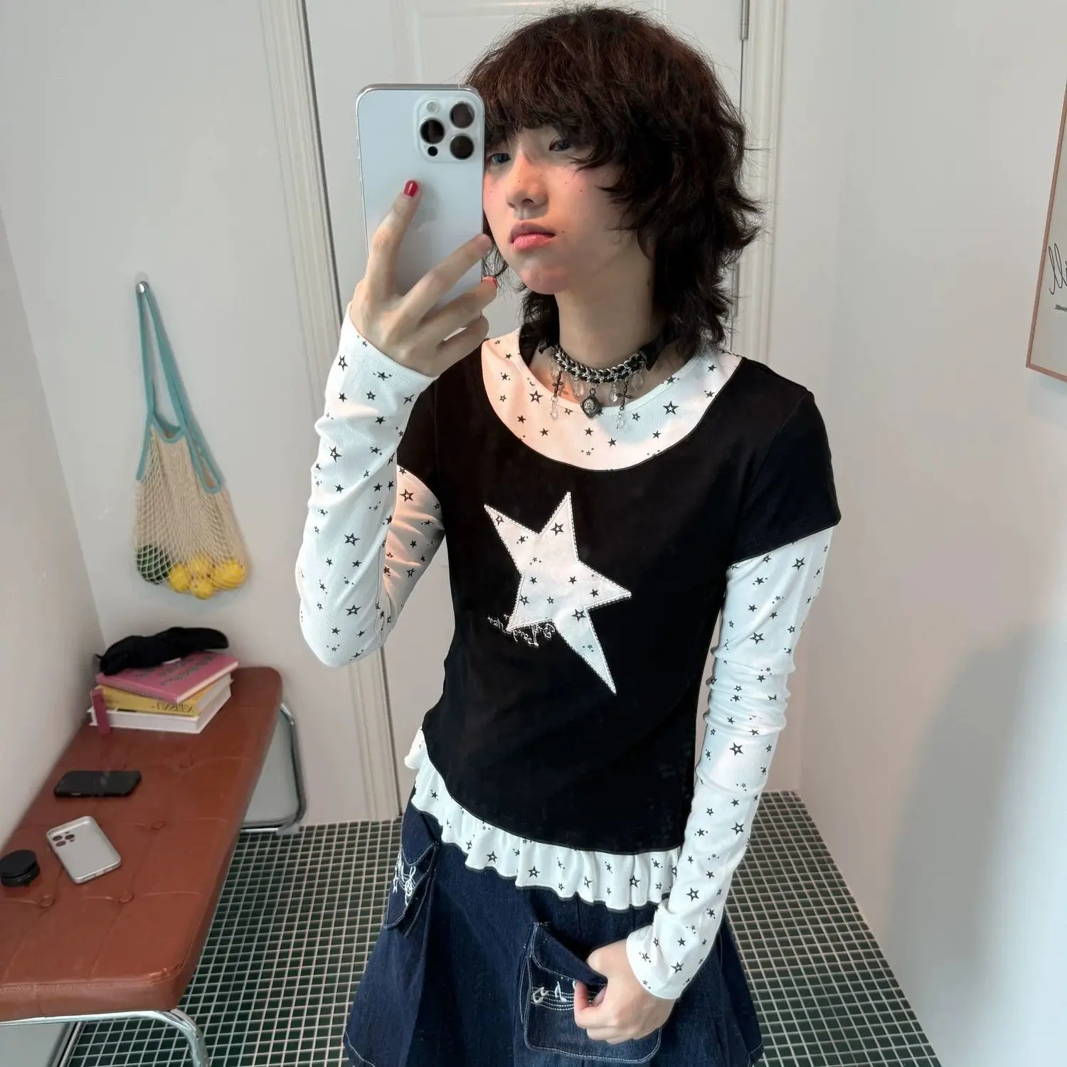 Y2K Star Embroidery Ruffle Fake Two Piece Long Sleeve T-Shirt Women Korean Sweet Slim Color Block Subtle Cute Top Spring Autumn