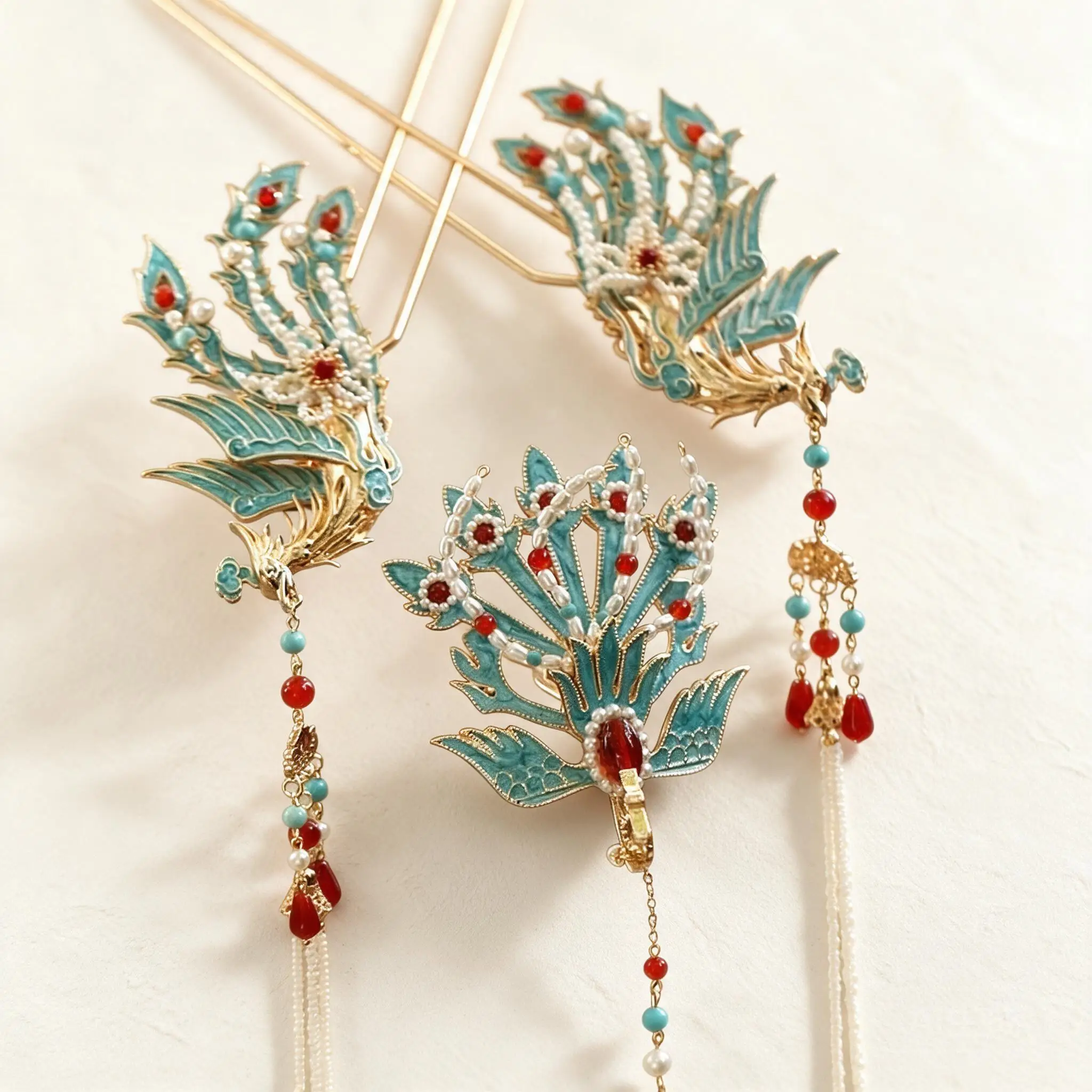 2026 New Elegant Chinese Phoenix Enamel Beaded Tassel Hairpin Crown Set For Hanfu Song Style Cheongsam Vintage Hair Accessories