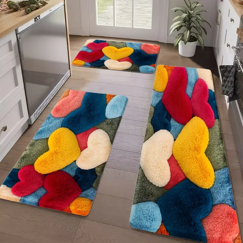 Cute Pastel Love Heart Graphic Rug 2D flat print Non Slip rug For Dining Room Laundry Room Porch Corridor Household Decor Mat