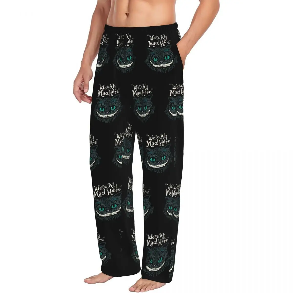 Custom Men's Cheshire Cat Pajama Pants Print Alice We're All Mad Here Wonderland Sleep Sleepwear Bottoms with Pockets