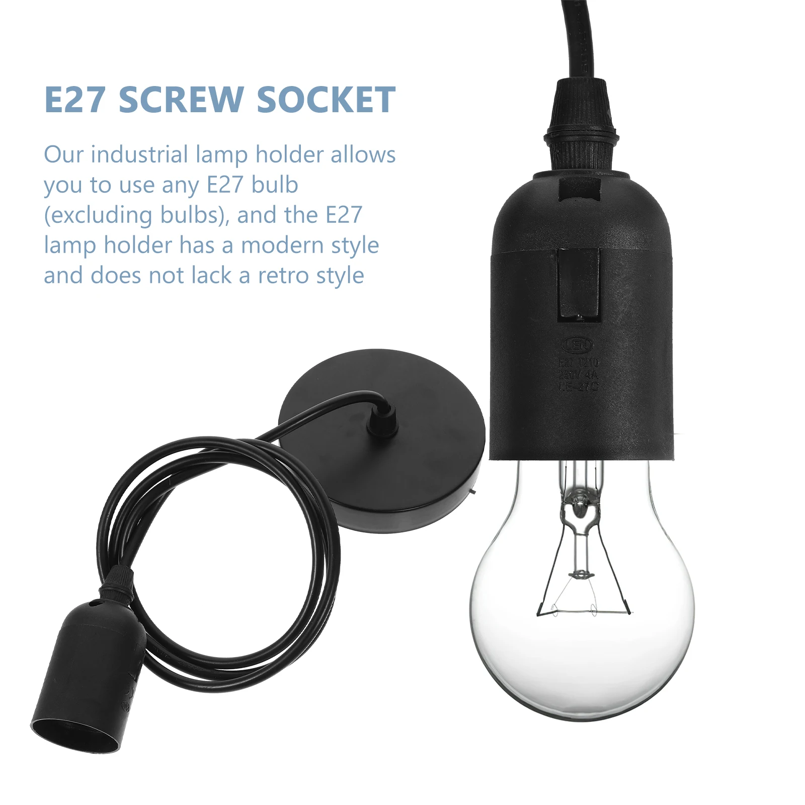 

E27 Light Socket Pendant Lamp Holder Black 1.2M Cord Plastic Rustproof Kitchen Living Room Bar Hallway Dining Office Decor