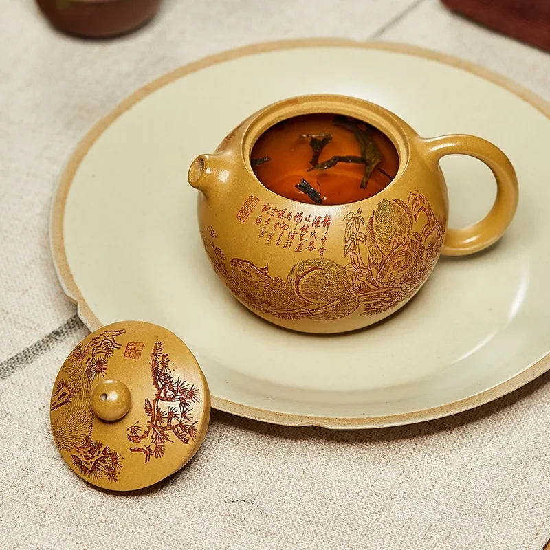 Yixing Purple Clay Teapot Carved With Squirrel, Western Style, Golden Section Carved With Tea Pot, Kung Fu Tea Set For Home Use