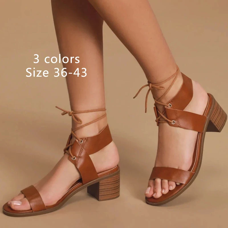 

Chunky Heel Sandals Women's Summer High Heels Brown Roman Style Lace Up Fashion Peep Toe Beach Comfortable Sandals wide strip 42