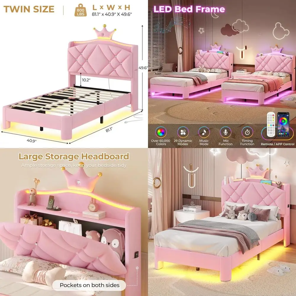 

LED-lit Twin Bed with Upholstered Headboard, Charging Station, Crystal Buttons, and Crown, Velvet Platform Bed for Girls, Pink w