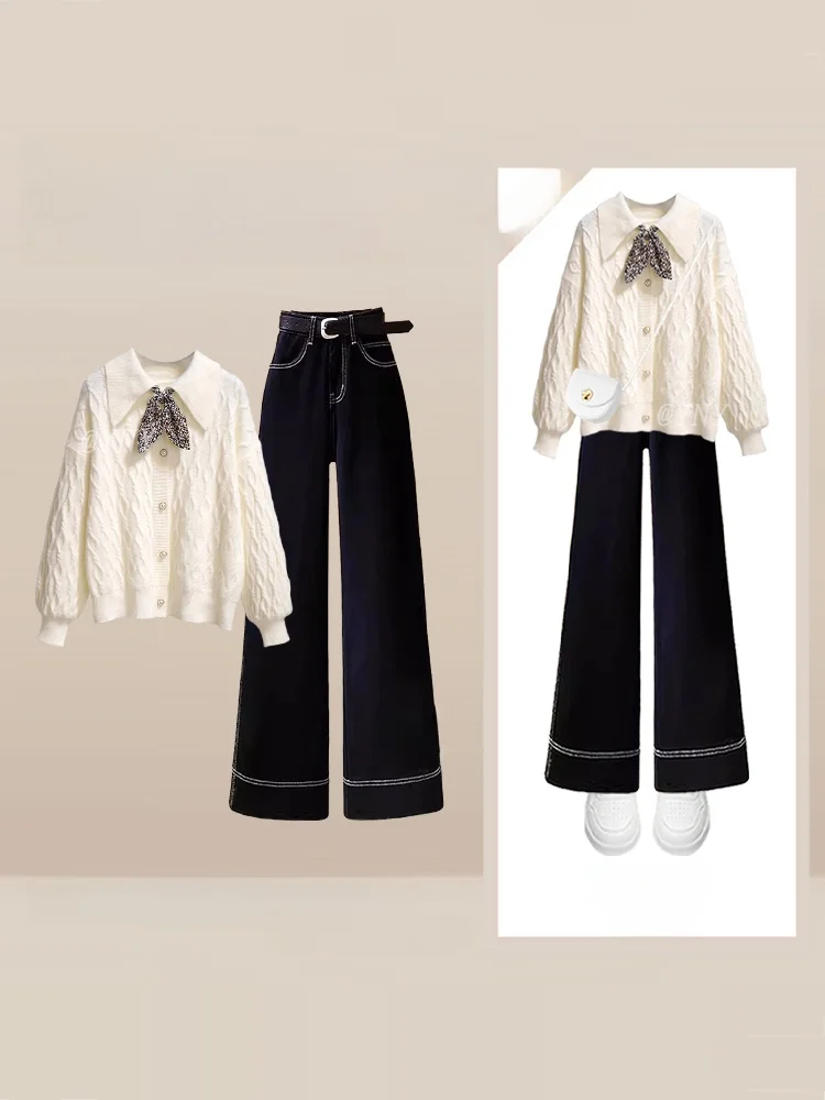 Maglione lavorato a maglia con nodo dolce coreano Sle Jeans dimagranti a vita alta Set da due pezzi Faion da donna Abbigliamento per l'inizio dell'autunno