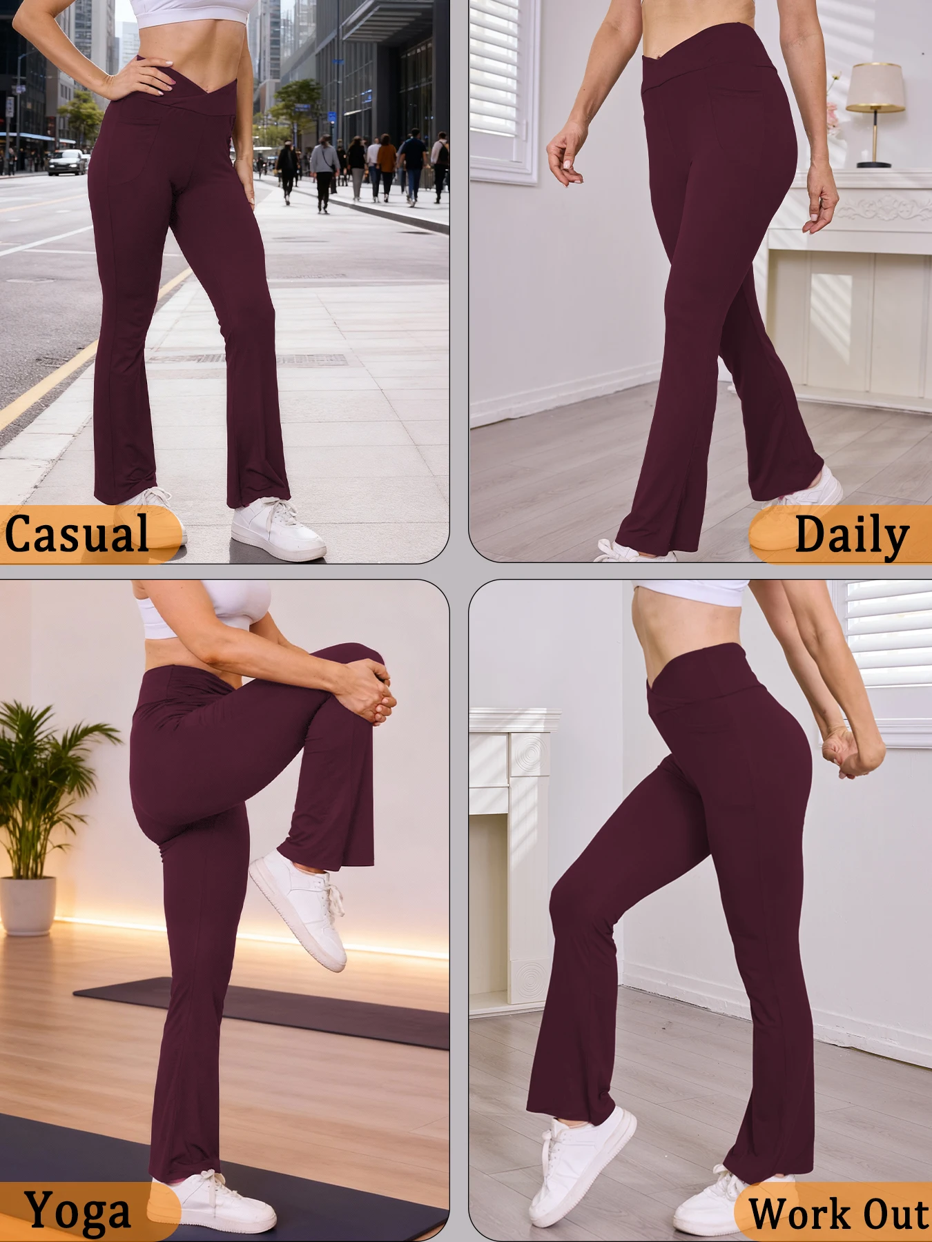 سروال نسائي فائق النعومة متقاطع عالي الخصر مع جيوب، قيعان جرس لليوجا للتحكم في البطن #4