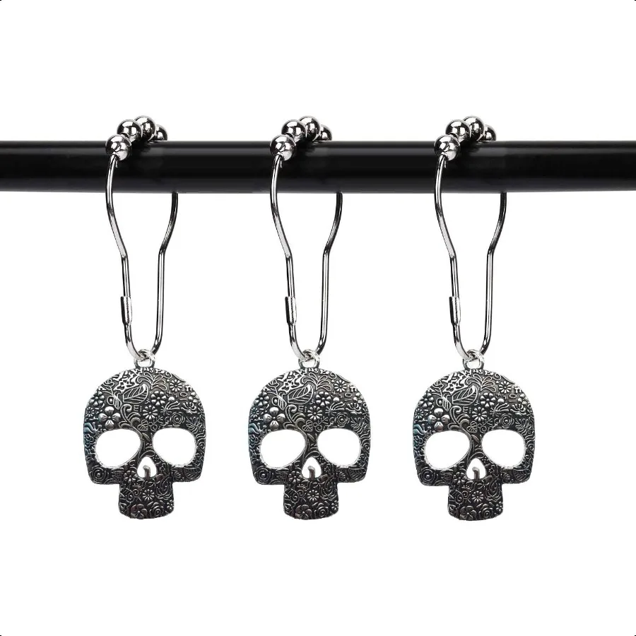 

Set of 12 Sugar Skull Shower Curtain Hooks Decorative Home Bathroom Stainl Steel Rustproof Skeletons Shower Curtain Rings Decor