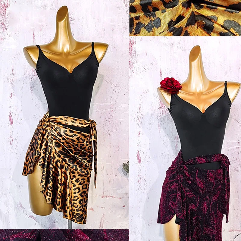 

Latin Dance Clothes Women Black Sleeveless Bodysuit Leopard Print One-Piece Wrap Skirt Adult Latin Dancer Training Wear VDL3608