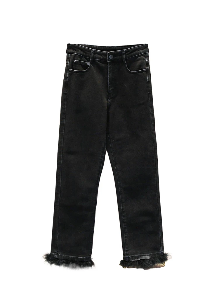 High-End Women's Winter Casual Ostrich Feather Long Skinny Jeans Bla High Waist Wide Leg Pants Adult Wear Four Seasons