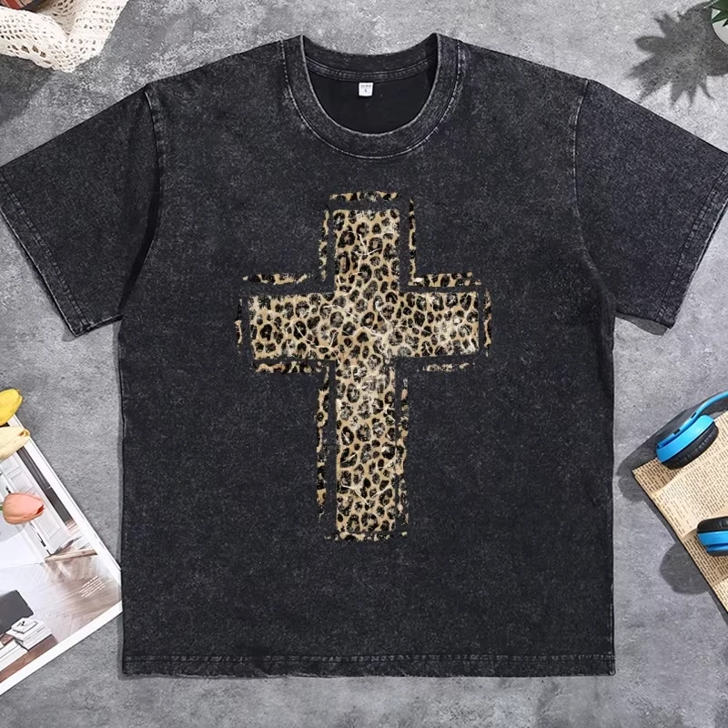 Leopard Cross Graphic T Shirts Vintage Washed Distressed Christian Cross T-shirt Christmas Cross Holy Heaven Xmas Tees Clothes