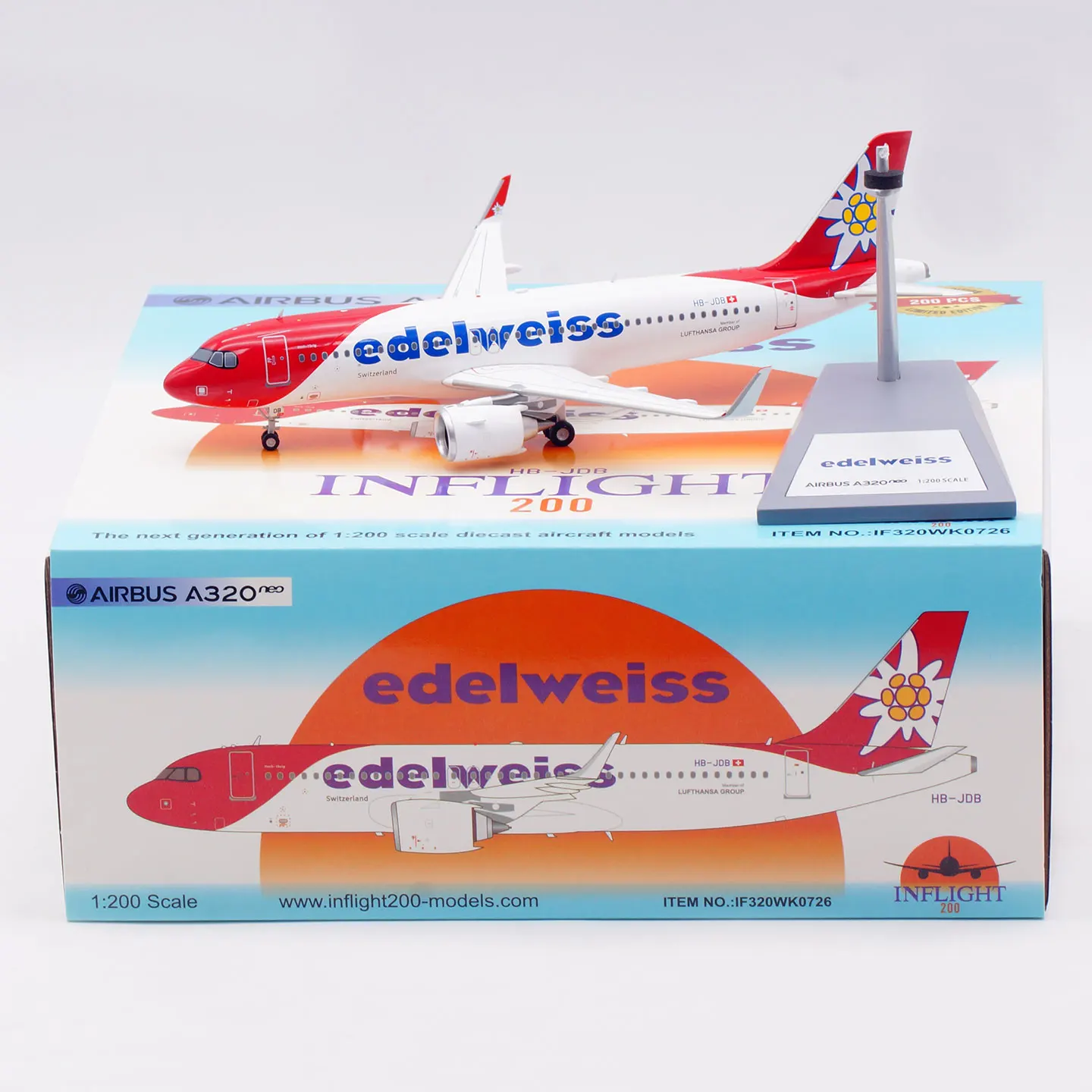 IF320WK0726 Alloy Collectible Plane Gift INFLIGHT 1:200 Edelweiss Air Airbus A320neo Diecast Aircraft Model HB-JDB With Stand
