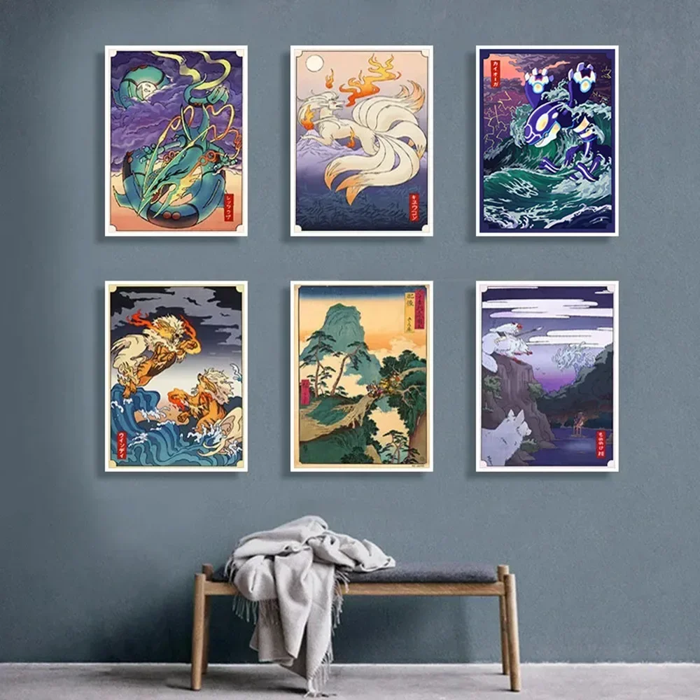 Classic Anime Pokemon Canvas Painting Chinese Style HD Poster and Print Watercolor Wall Art Picture Home Decor Kids Gifts