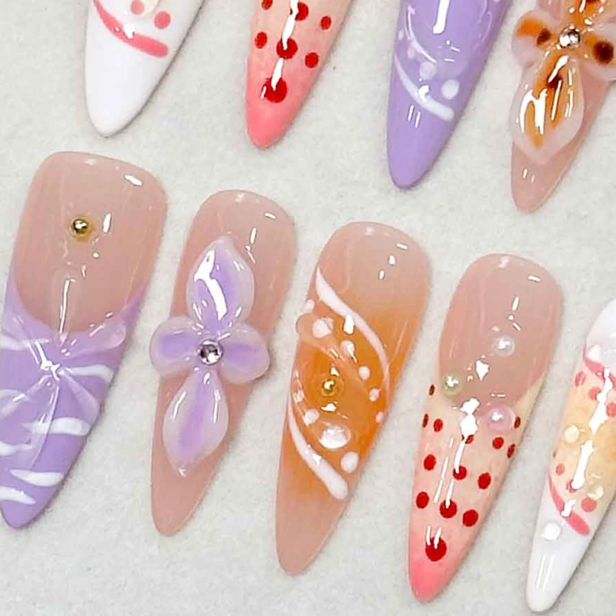 10pcs/Set Handmade Long Thin High-heeled Finger Nails ，Y2K Nails，Macaron French Hand-Painted Carved Pearl Decorated Fake Nails view 5