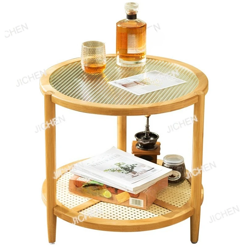 

Round coffee table tea table living room household tea table light luxury modern small apartment solid wood bedroom glass