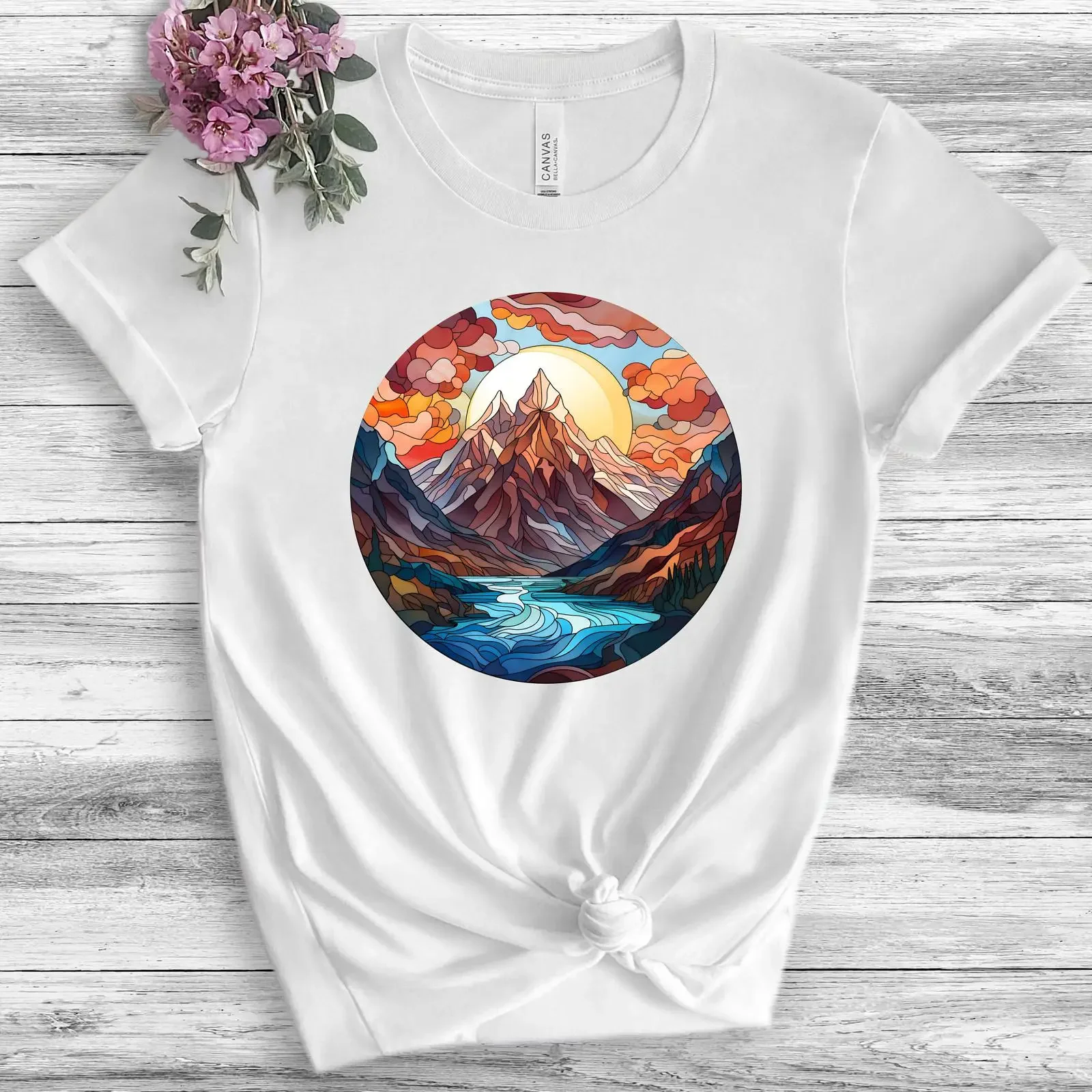 Stained Glass Mountain Range  T Shirt Nature Wilderness for Outdoor Lover vintage Washed Slightly graphic fashion