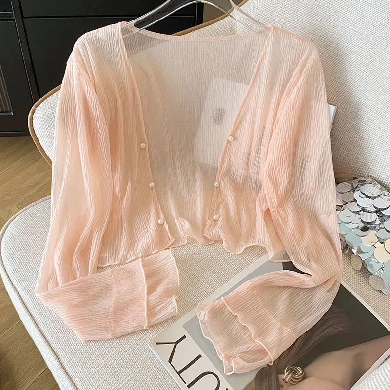

Knitted Sweater Women Cardigans Long Sleeve White Knit Sweater Cardigan Women Tops Fashion V-Neck Sunscreen Women Clothing Q3542