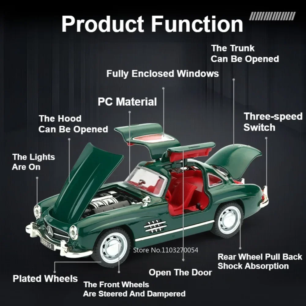 Modèles de jouets en alliage moulé sous pression pour enfants, 4 portes ouvertes, son et lumière, côtes arrière en métal, voitures classiques, cadeaux de jouets, échelle 1:32, 300SL