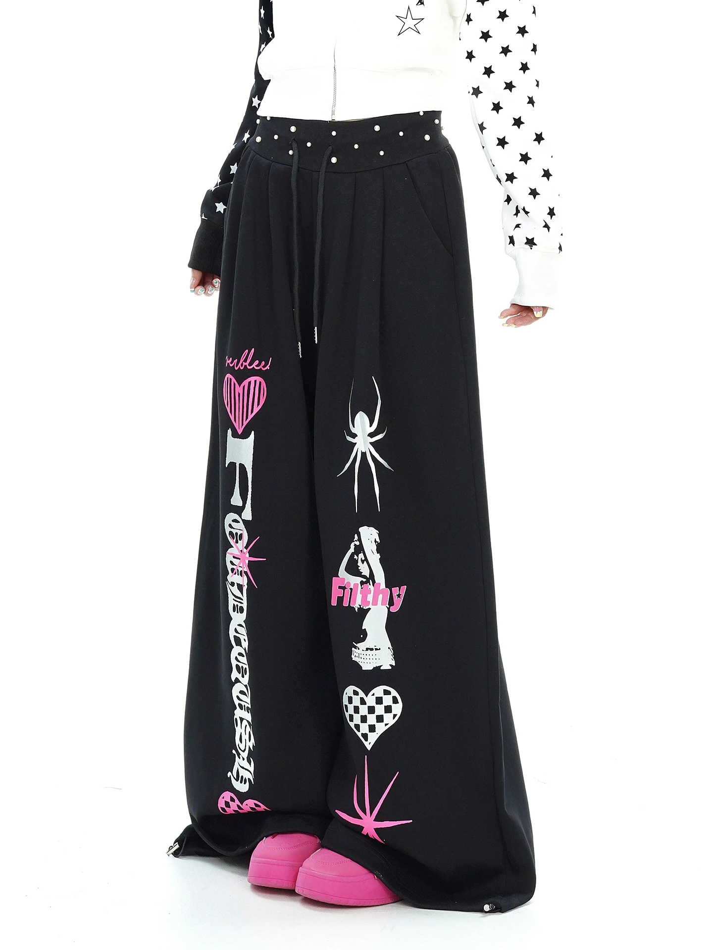 Gothic Print Loose Wide Leg Pants Women's Casual Trousers Autumn New Style Jazz Dance American Retro Bf Style Trousers