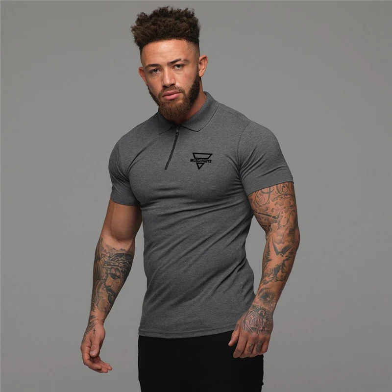 Mens Fashion Zip Polo Tees  Casual Cotton Polo Shirts with Short Sleeve Fitness Polo T-Shirt  Brand  Gym Bodybuilding Clothing