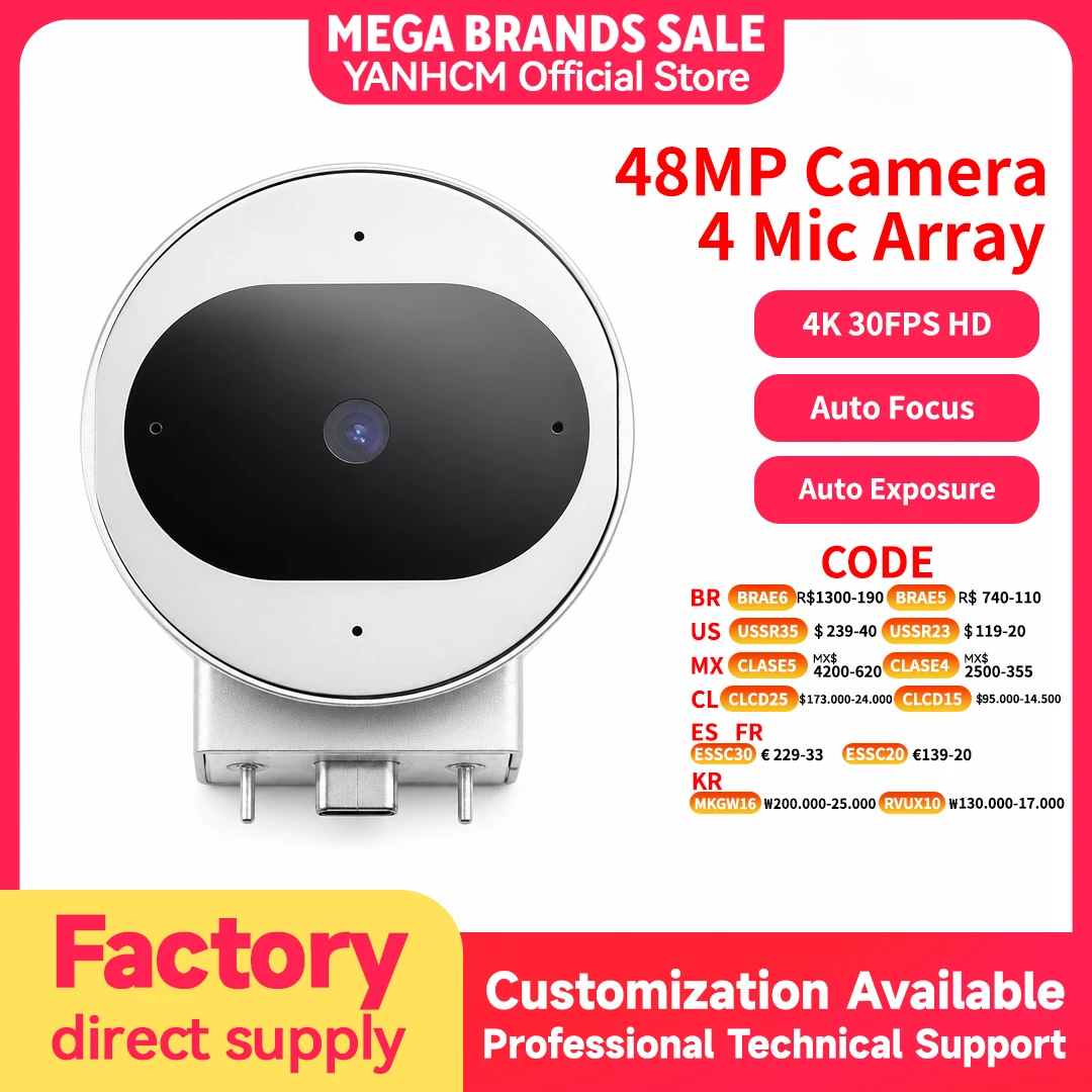 YANHCM 48MP Video Conferencing Camera HD 1080P 4K 30FPS with Microphone USB TYPE-C Driver-free Autofocus For Surface Hub 3