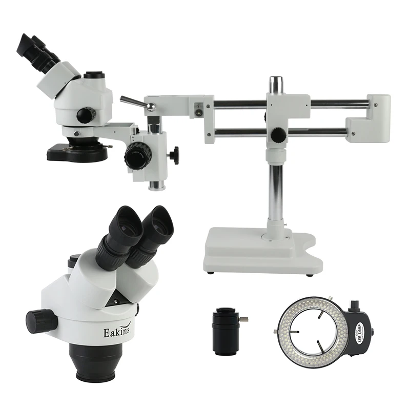 7X-45X Simul Focal Parfocal Stereo Trinocular Microscope Double Arm Rotating Boom Heavy Duty Stand for Industrial Inspection