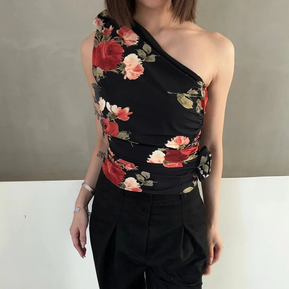 Floral Printed Pleated Slim Women Vest Y2k Stereoscopic Flower One Shoulder Design Elegant Commuter Vest Tops 2025 Spring New