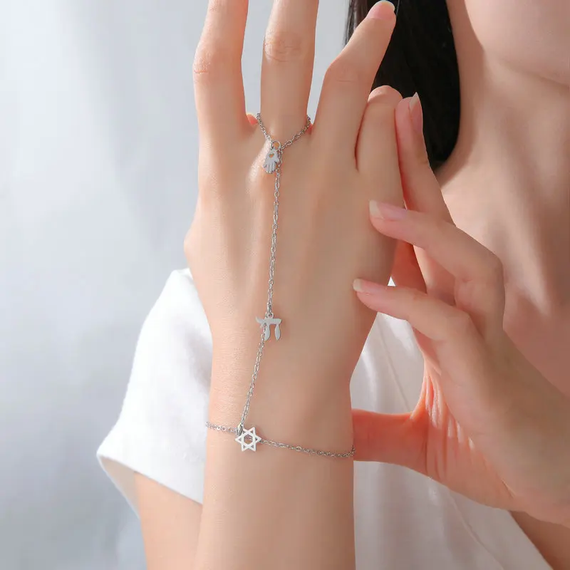 Jüdischer Davidstern Hebräischer Buchstabe Chai Fingerarmband Edelstahl Verstellbares Hexagramm Zirkon Armbänder Amulett Schmuck – Detail 13