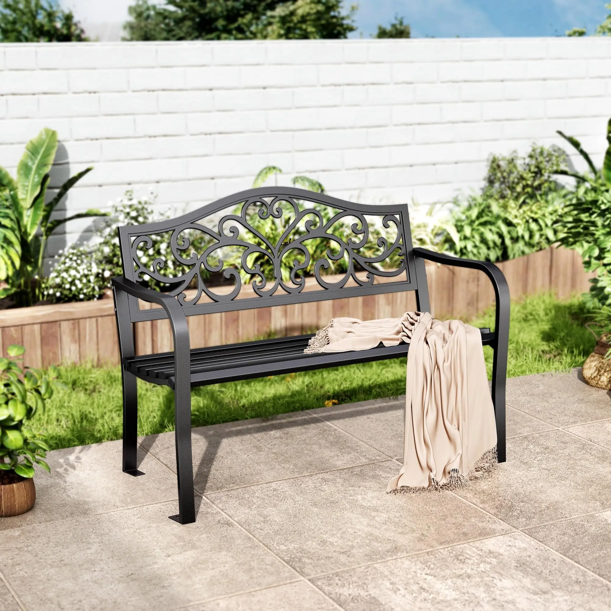 43.7 Inches Cast Iron Outdoor Garden Bench, Floral Backrest, Black