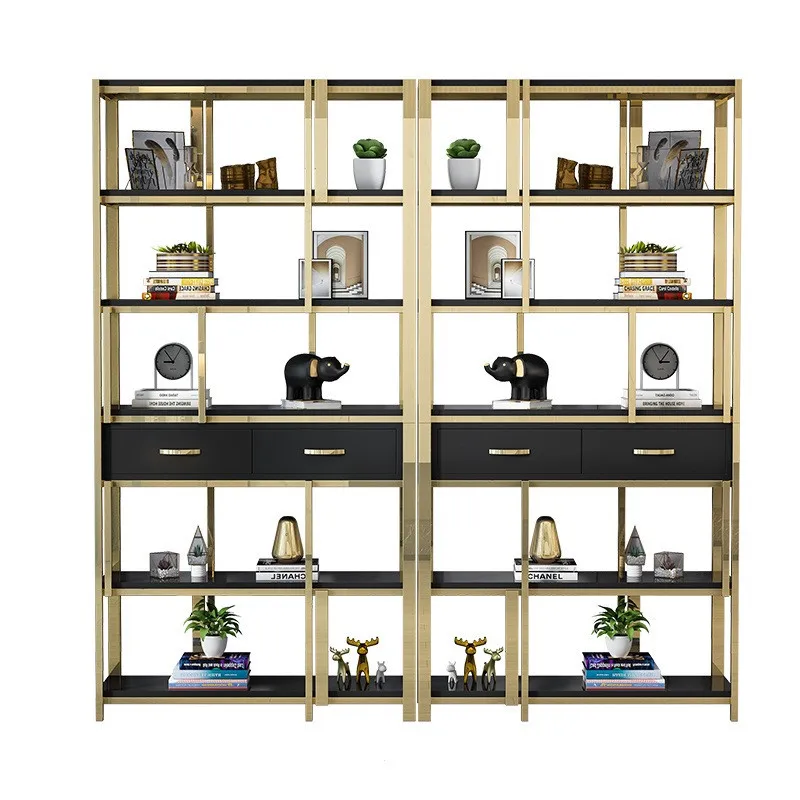 

Light luxury stainless steel bookshelf floor rack living room office modern simple metal partition