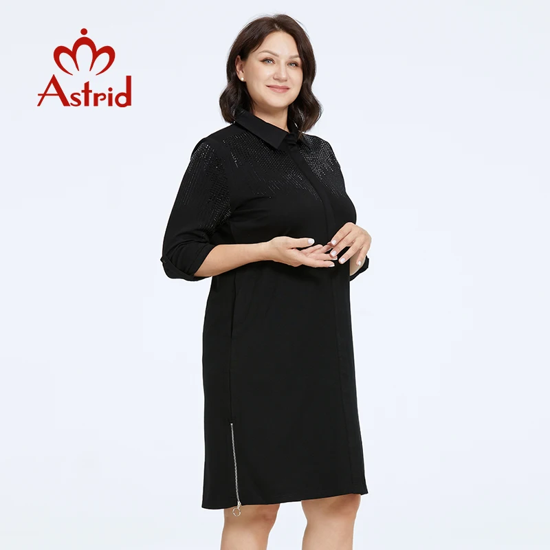 Astrid Women's Dresses Elegant Shirt Dress Daily Office Plus Size Black Lady Long Dresses Lapel Cotton Female Clothing Diamonds