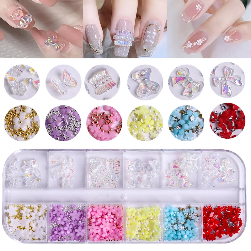 Nail Charms Butterfly 3D Nails art Decoration Crafts DIY Flatbacks Flower Nails Gems with pickup tools for Manicure Saloon