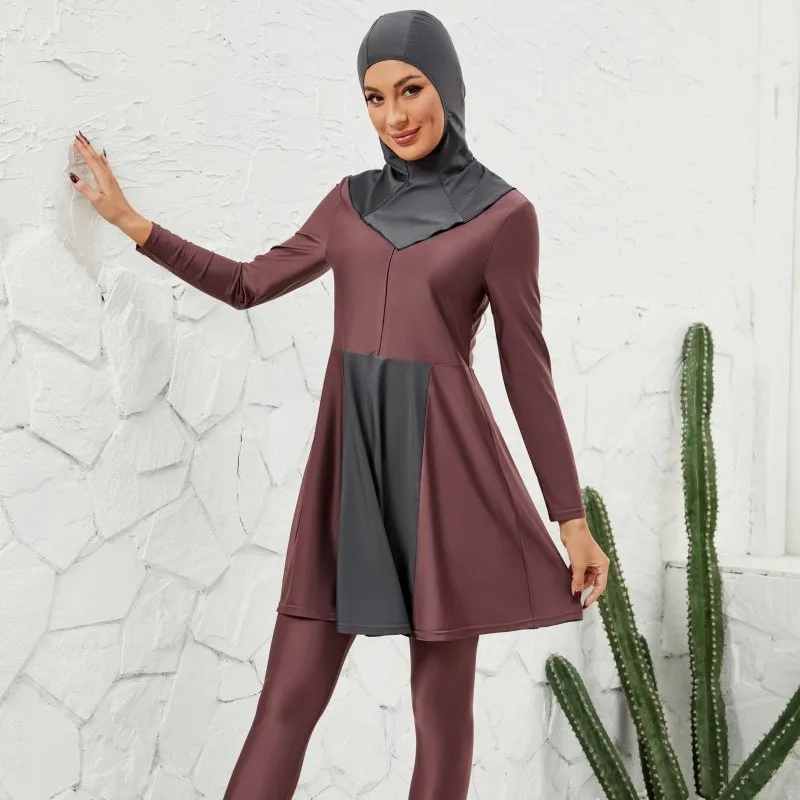 

Комплект мусульманского купальника для женщин из 3 предметов: платье, хиджаб, брюки с высокой талией, полностью закрытый купальный костюм, пэчворк, исламский скромный купальник