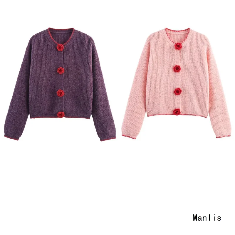 

Europe and America2025New Fashionable Elegant Women's Floral Button Long Sleeve Knitted Cardigan